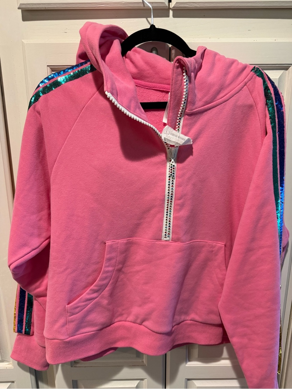 QUEEN OF SPARKLES Pink Hooded Sequin-Trim Pullover